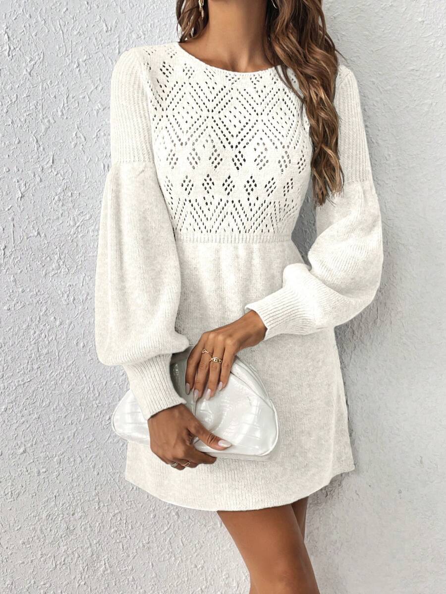 SHEIN Frenchy 女士純色燈籠袖毛衣連衣裙 - 白色 - 查看 1