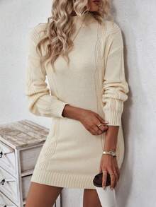 SHEIN Clasi Ladies áo len váy Cáp đan màu trơn Giải trí - Màu be - Xem 4