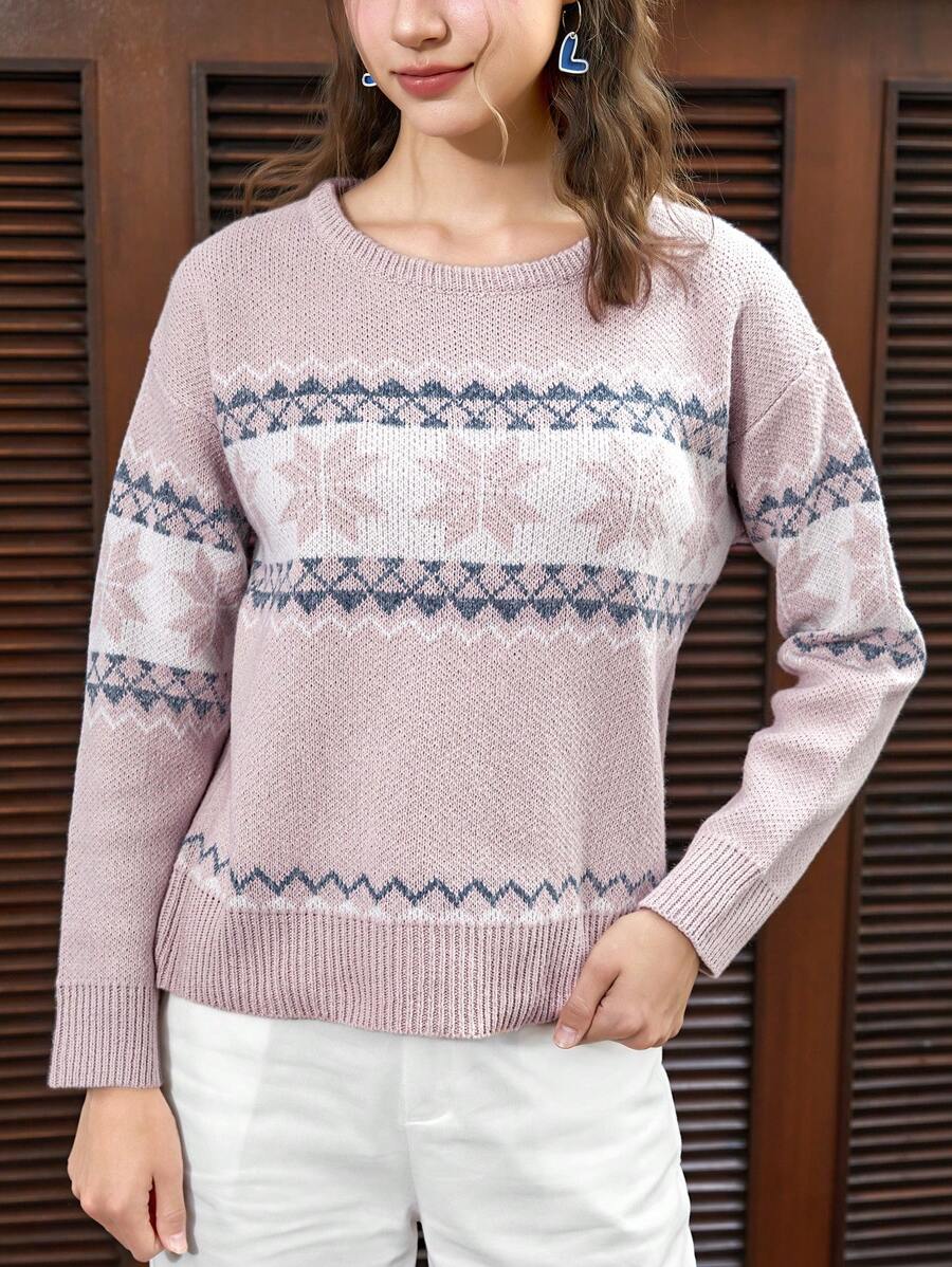 SHEIN EZwear Mẫu Geo Thả vai Áo len - Hồng - Xem 1