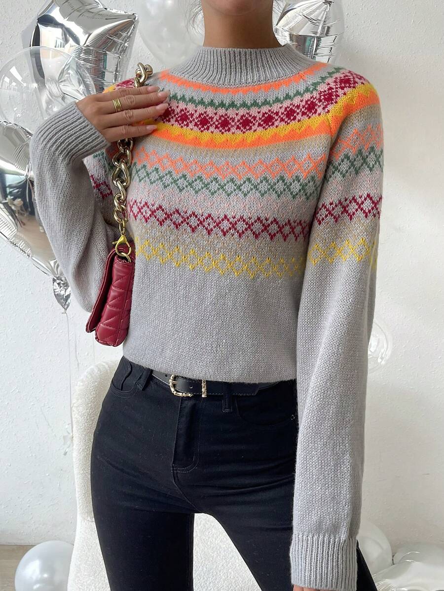 Chiquease Áo len chui đầu tay raglan cổ cao họa tiết hình học, thích hợp cho mùa thu đông. - Nhiều màu - Xem 1