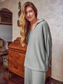 EURMUSE Women's Solid Color Drop Shoulder Knitted Ribbed Top And Long Pants Two-piece Set - Light Grey - View 3