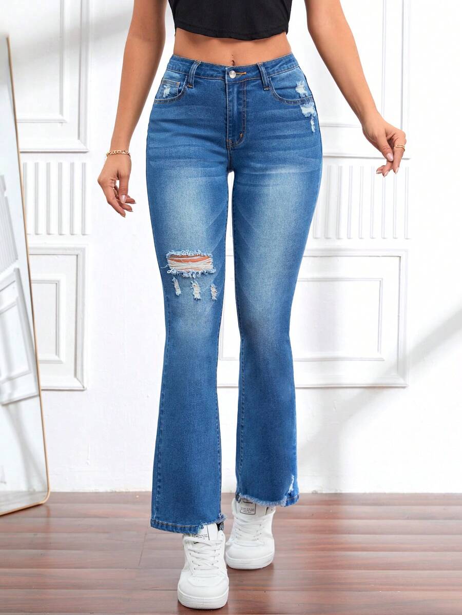 口袋 拉鍊 破洞純色女士牛仔褲 - 藍色 - 查看 1