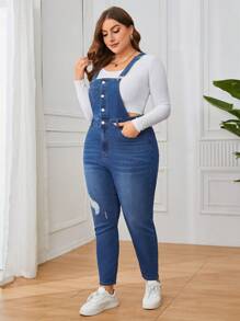 SHEIN Privé 大尺碼女士破洞背帶牛仔連體褲 - 藍色 - 查看 4