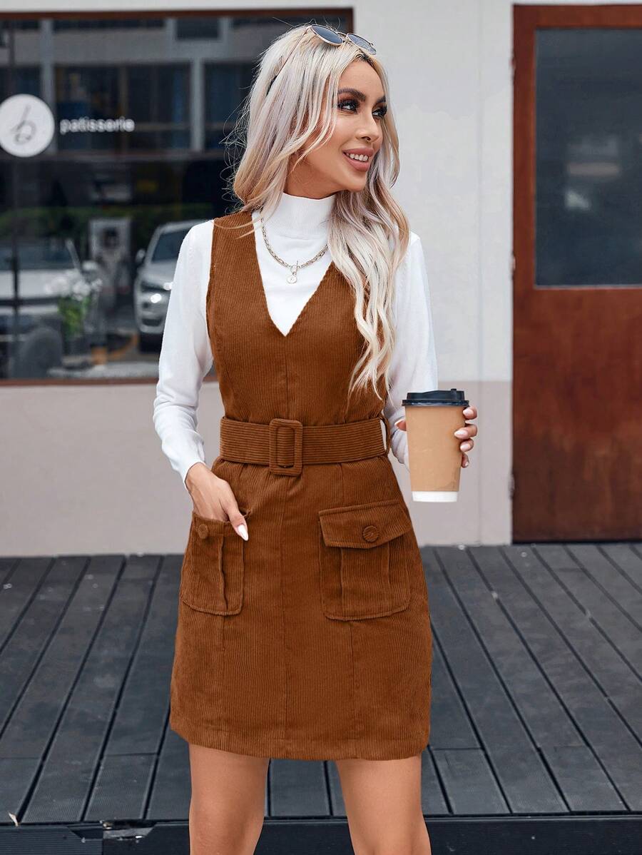 SHEIN Privé 女性無袖洋裝帶雙口袋和腰皮帶