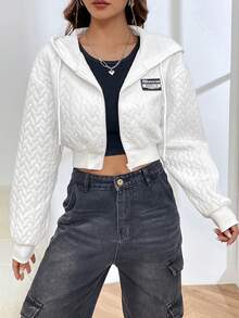 SHEIN EZwear Màu thuần In Chevron Dây rút áo có mũ Quần skinny Áo nỉ - trắng - Xem 2