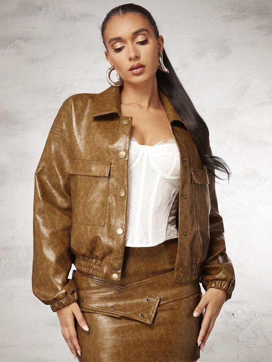 SHEIN BAE Vintage Brown Distressed Texture Women'S Leather Jacket, Moto Style, Biker Core - Brown - View 1
