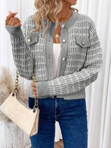 SHEIN Frenchy Tương phản ràng buộc Nút phía trước Chi tiết về Flap Áo len Mở - Màu xám đen - Xem 6