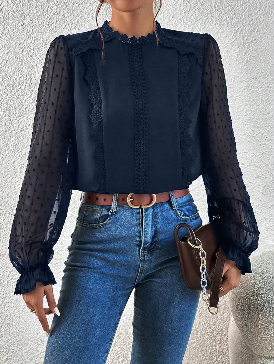 SHEIN Frenchy 圓點鏤空蕾絲花邊荷葉袖襯衫 - 藍色 - 查看 1