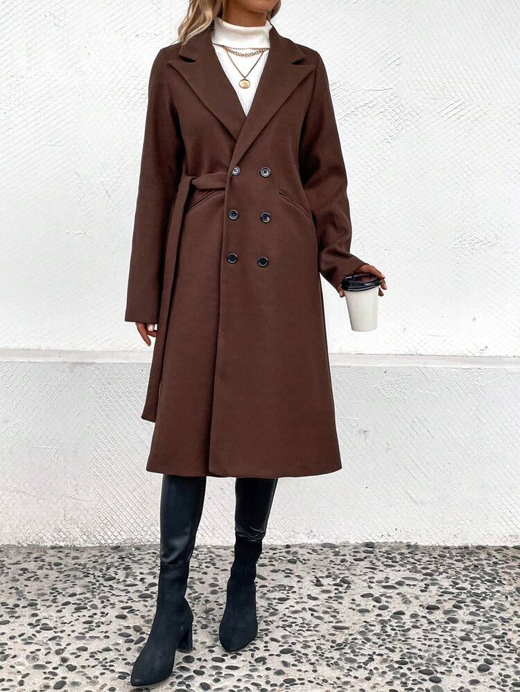 Lapel Neck Double Breasted Belted Overcoat Fall Cloth For Women