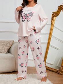 Plus Size Butterfly Printed Top & Pants Pajama Set, Fall Winter Clothes, Cozy Outfit - Multicolor - View 5