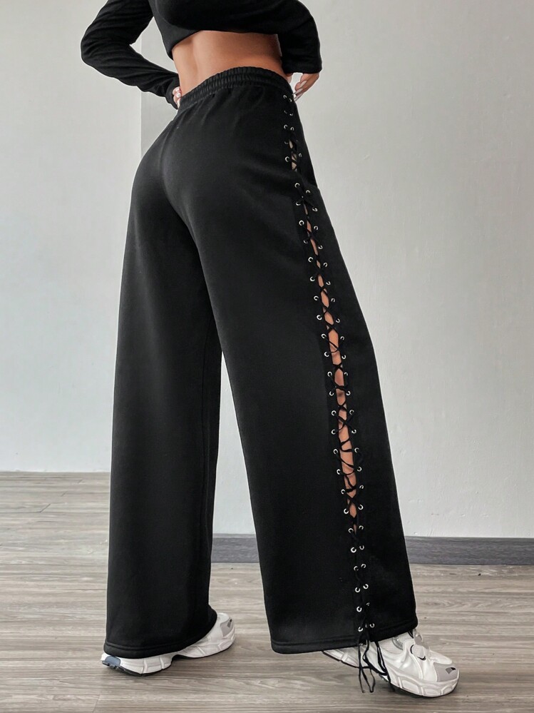 SHEIN Essnce Lace Up Side Wide Leg Sweatpants | SHEIN USA