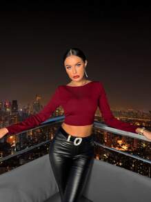 SHEIN SXY 女式性感露背長袖 T 卹 - 紅色 - 查看 4