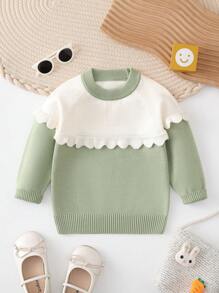 Baby Girl Two Tone Scallop Trim Raglan Sleeve Sweater - Green - View 1