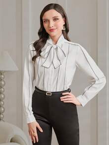 Modelyn Women's Striped Front Tie Shirt - White - View 6