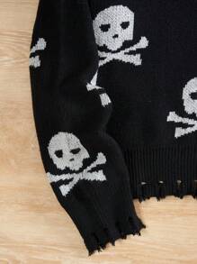 Hình đầu lâu Đau khổ Cắt tỉa Thả vai Áo len - Đen và trắng - Xem 3