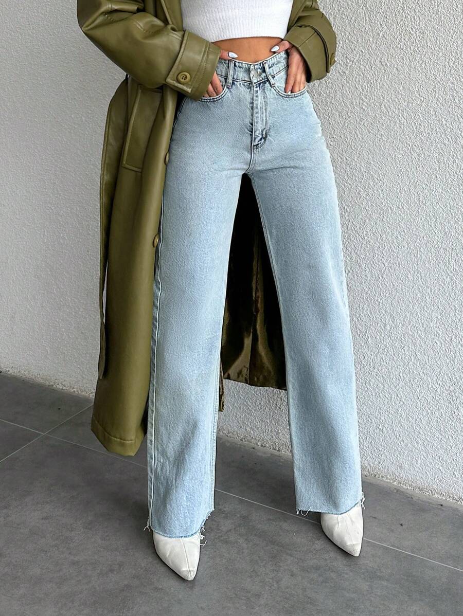 EURMUSE High Waist Straight Leg Jeans - Blue - View 1