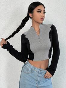 SHEIN Unity Suéter de punto con media cremallera y bloques de color para otoño e invierno - Multicolor - Ver 6