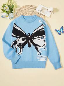 SHEIN Tween Girl Butterfly Pattern Sweater - Blue - View 1