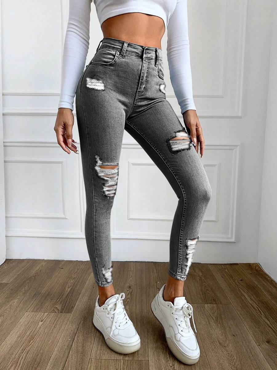 Cloudara Women's Skinny Ripped Jeans ,Petite Women - Grey - View 1
