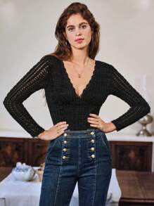 SHEIN Frenchy Women'S Texture Lace Splice Bodysuit - Black - View 5