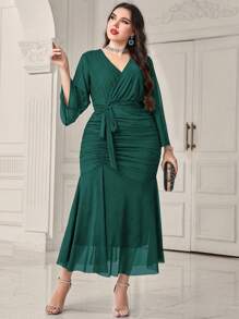 Modelyn Vestido Plisado De Talla Grande Para Mujer Con Dobladillo De Volantes Y Mangas Acampanadas - Verde Oscuro - Ver 5