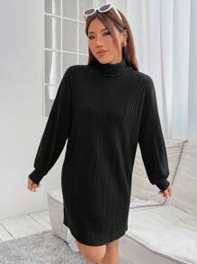 SHEIN PETITE 女款高領長袖連身裙 - 黑色 - 查看 1