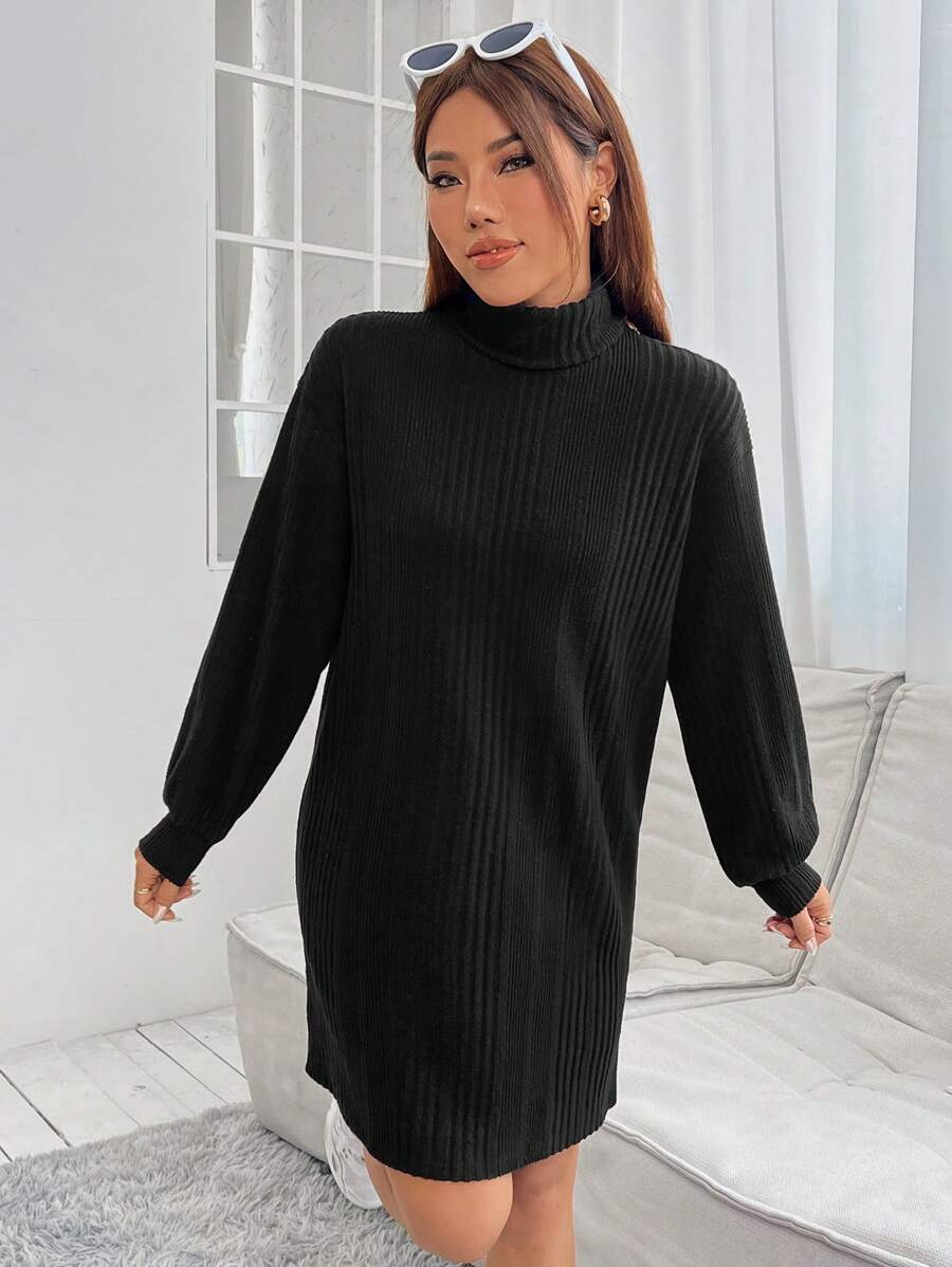 SHEIN PETITE 女款高領長袖連身裙 - 黑色 - 查看 1