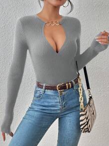 SHEIN Privé Chi tiết chuỗi Cắt ra phía trước Đồ đan Ribbed Bọc Áo len - Xám - Xem 3