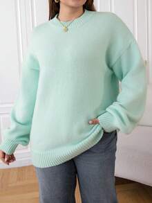 SHEIN EZwear Hơn Thả vai Áo len - Màu xanh ngọc - Xem 3