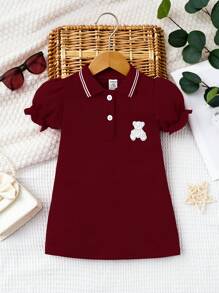 SHEIN 女嬰鐳射熊貼布條紋飾邊泡泡袖Polo洋裝