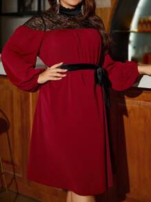 SHEIN Clasi Plus Size Lace Patchwork Lantern Sleeve Dress - Burgundy - View 3