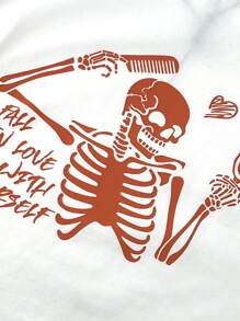 SHEIN EZwear 大碼骷髏&標語圖案頂針短款T恤 - 白色 - 查看 7