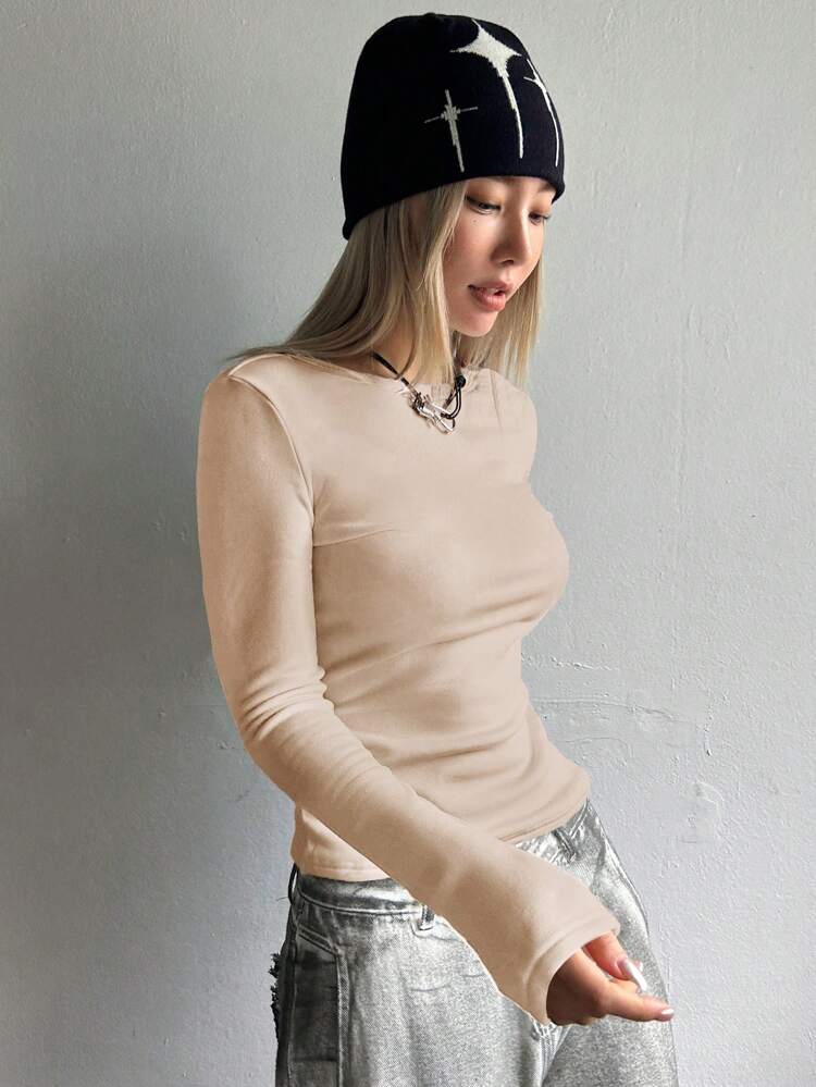 Solid Round Neck Tee Long Sleeve Women Tops,Thermal Lined Thermal Lined Fall,Winter