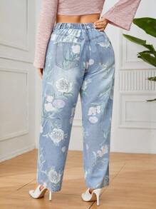 SHEIN Privé Hơn In hoa quần ống rộng Quần jean - Rửa nhẹ - Xem 3