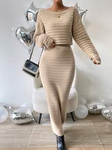 落肩袖毛衣和針織裙 - 杏色 - 查看 4