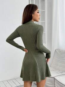 SHEIN PETITE Mock Neck Ribbed Knit Spring Women Dress - Olive Green - View 2