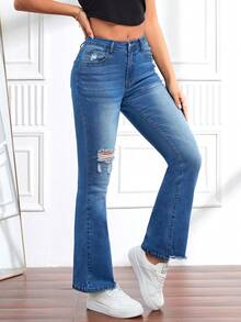 口袋 拉鍊 破洞純色女士牛仔褲 - 藍色 - 查看 5