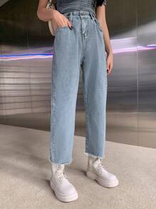 DAZY Cao eo Frayed Hem Quần legging thẳng - Rửa nhẹ - Xem 4