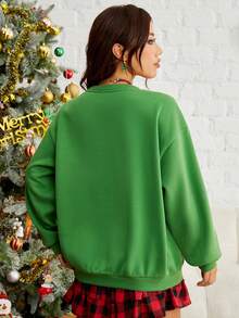 SHEIN EZwear Giáng sinh Đồ họa chữ cái & Gấu Thả vai Áo nỉ - màu xanh lá - Xem 2