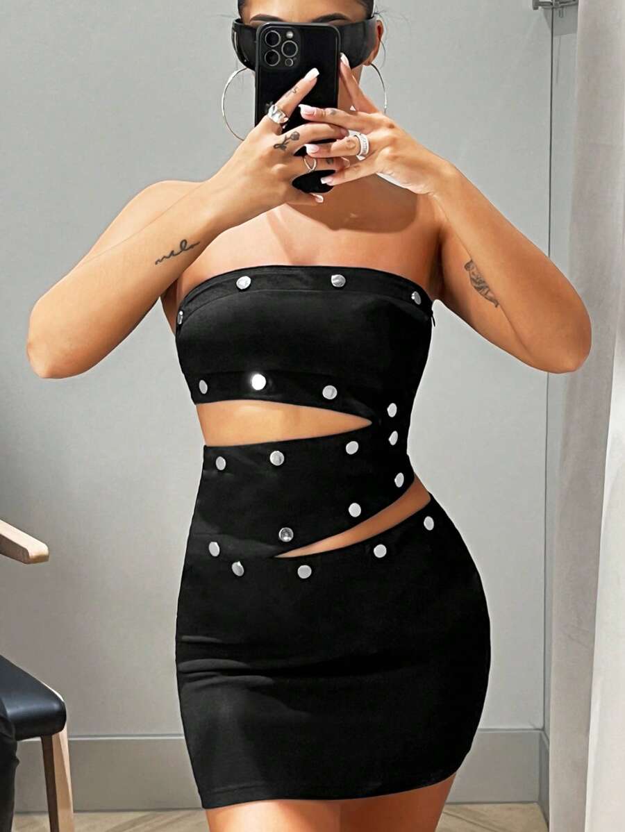 SHEIN ICON Button Detail Cut Out Tube Bodycon Dress - Black - View 1