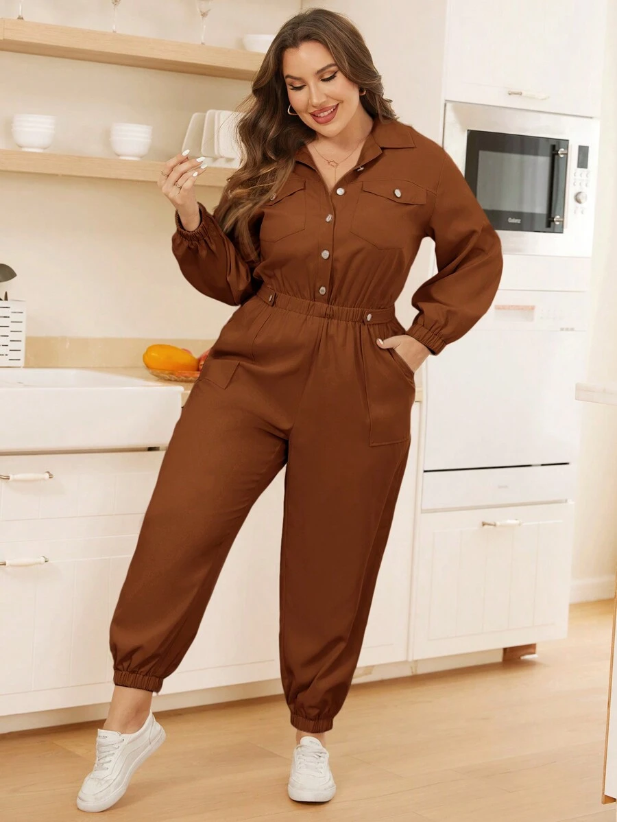 SHEIN Essnce Hơn Túi có nắp Túi nghiêng Áo liền quần - màu nâu - Xem 1