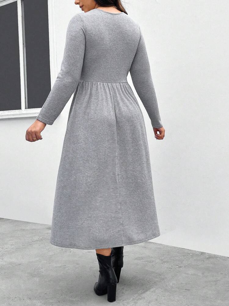 Plus Size Solid Square Neck A-Line Dress For Autumn
