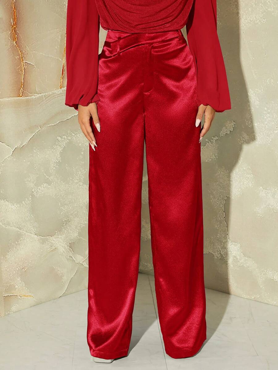 SHEIN SXY Fall Women's Sexy Satin Leopard Print Straight-Legged Fashionable Skinny Pants - Red - View 1