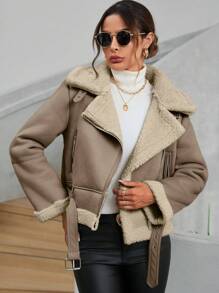 SHEIN Essnce Teddy Lined Belted Moto Jacket - Khaki - View 4