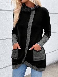 SHEIN LUNE Khối màu Cổ bò Vá Túi Viền không đối xứng Áo len - màu đen - Xem 4