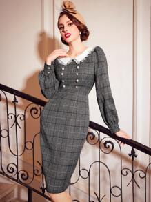SHEIN DECDS Của phụ nữ Kẻ sọc Tay áo lồng đèn Khối màu Babydoll Vòng cổ Đầm Với Trang trí ren Nút Chi tiết - Nhiều màu - Xem 5