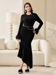 Modelyn Fuzzy Cuff Button Detail Mermaid Hem Sweater Dress Without Belt - Black - View 3