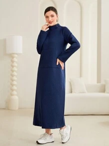 Mulvari Solid Kangaroo Pocket Mock Neck Sweatshirt Dress - Navy Blue - View 3