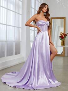 Twist Front Split Thigh Satin Tube Prom Party Dress - Mauve Purple - View 3