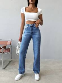 EURMUSE Casual High Waist Straight Leg Jeans - Royal Blue - View 3